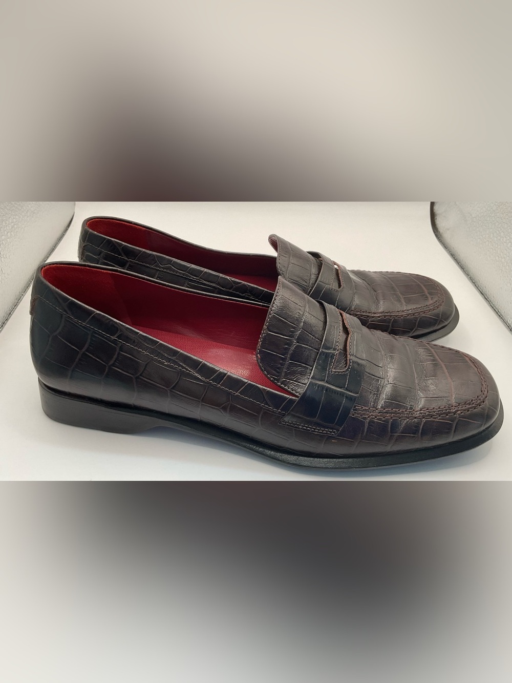Lauren Ralph Lauren Women's Croc-Embossed Loafers in Dark Brown with Red Lining